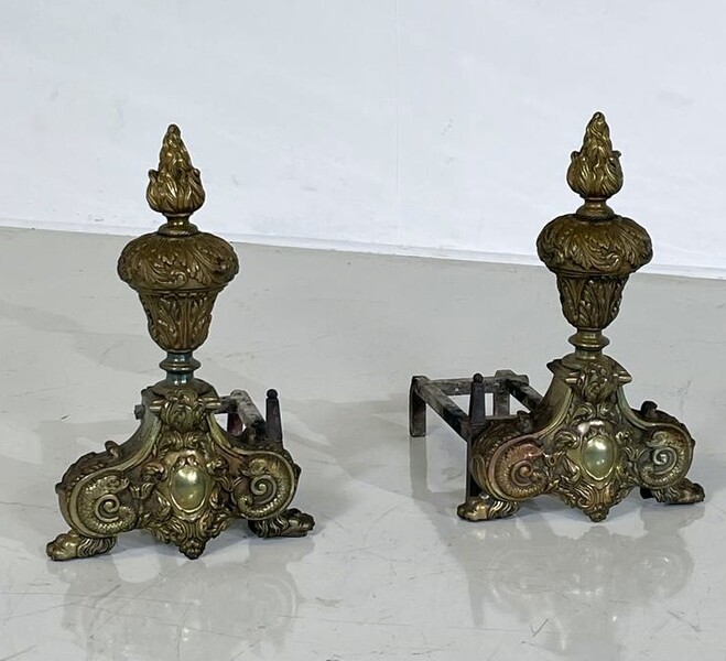 Pair of brass andirons - claw feet - late 19th century