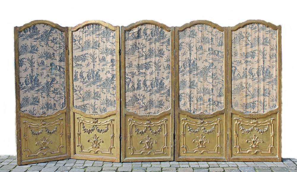 5 room divider panels, late 18th c., toile de jouy