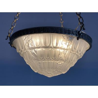 Art deco ceiling light in molded glass and silvered bronze