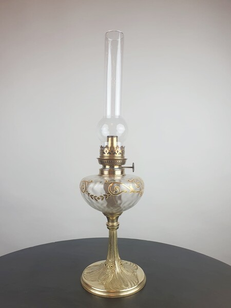 Art Nouveau kerosene lamp - enameled glass and chiseled bronze
