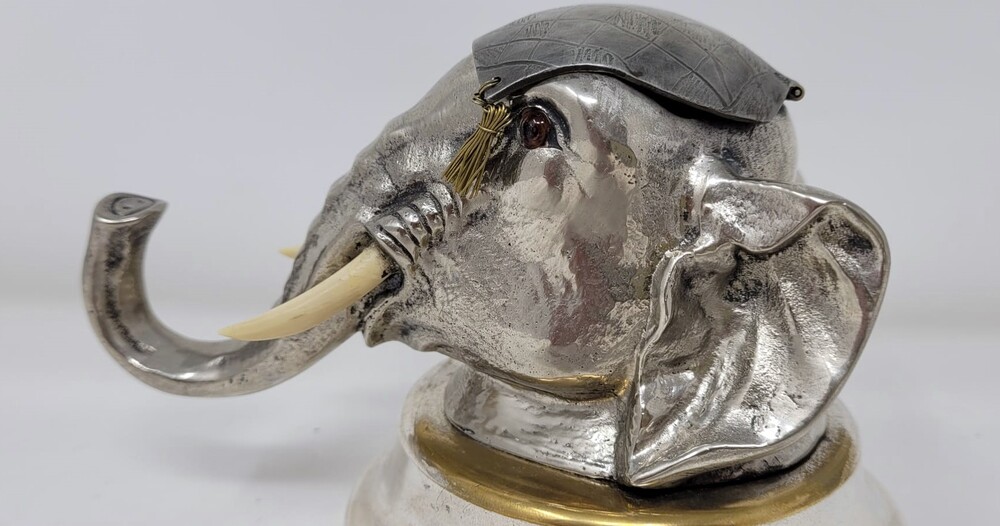 Beautiful inkwell - elephant head in silver metal