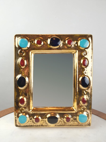 Ceramic mirror signed Lembo, turquoise cabochons, Valauris