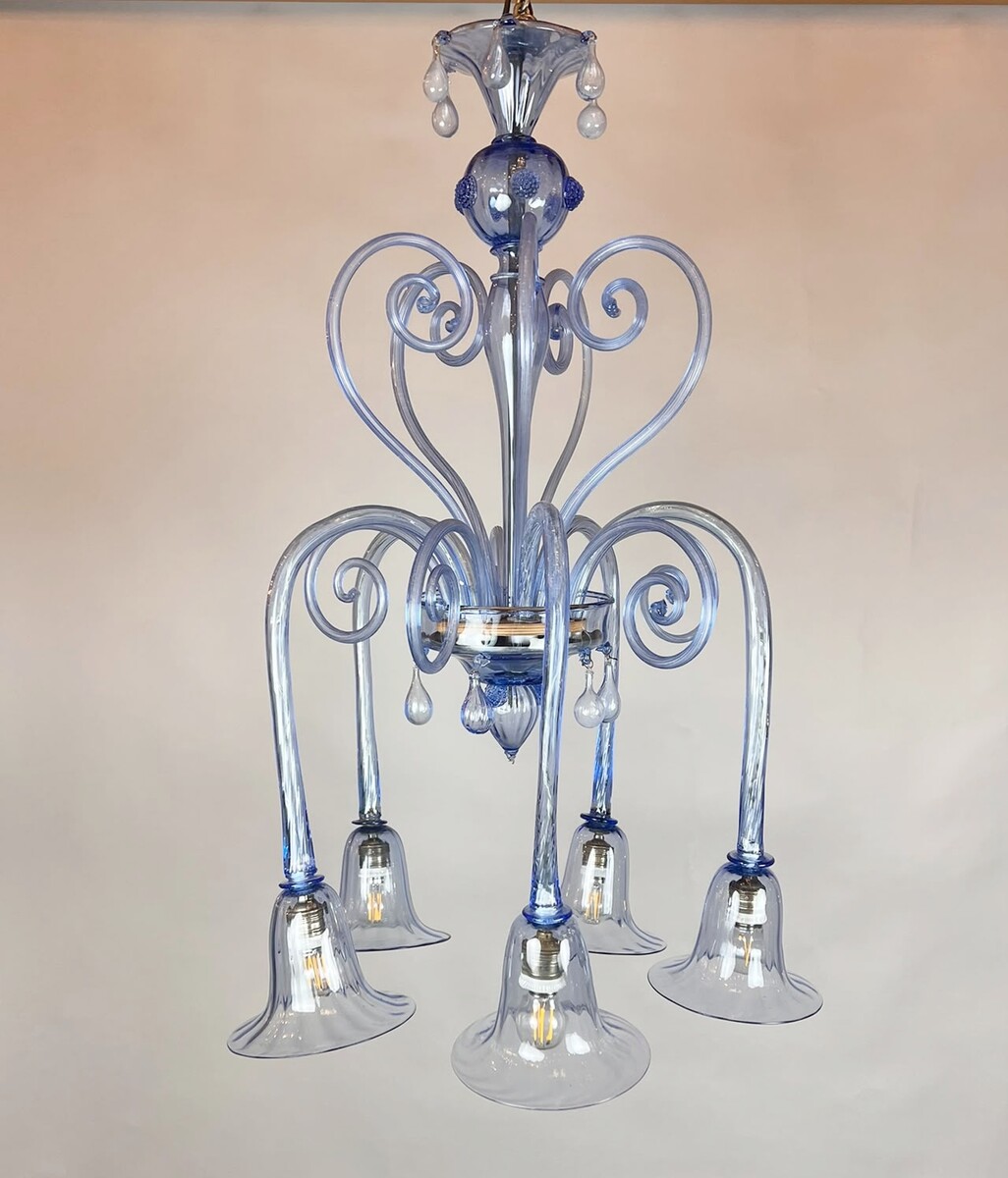 Five-arm Murano glass chandelier with scrollwork, 20th century.