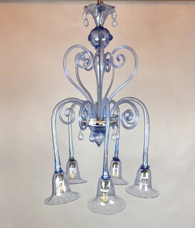 Five-arm Murano glass chandelier with scrollwork, 20th century.