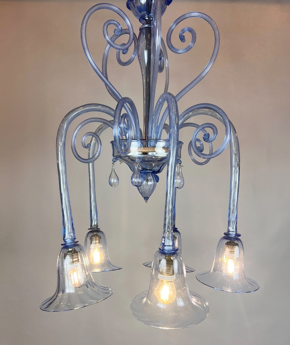 Five-arm Murano glass chandelier with scrollwork, 20th century.