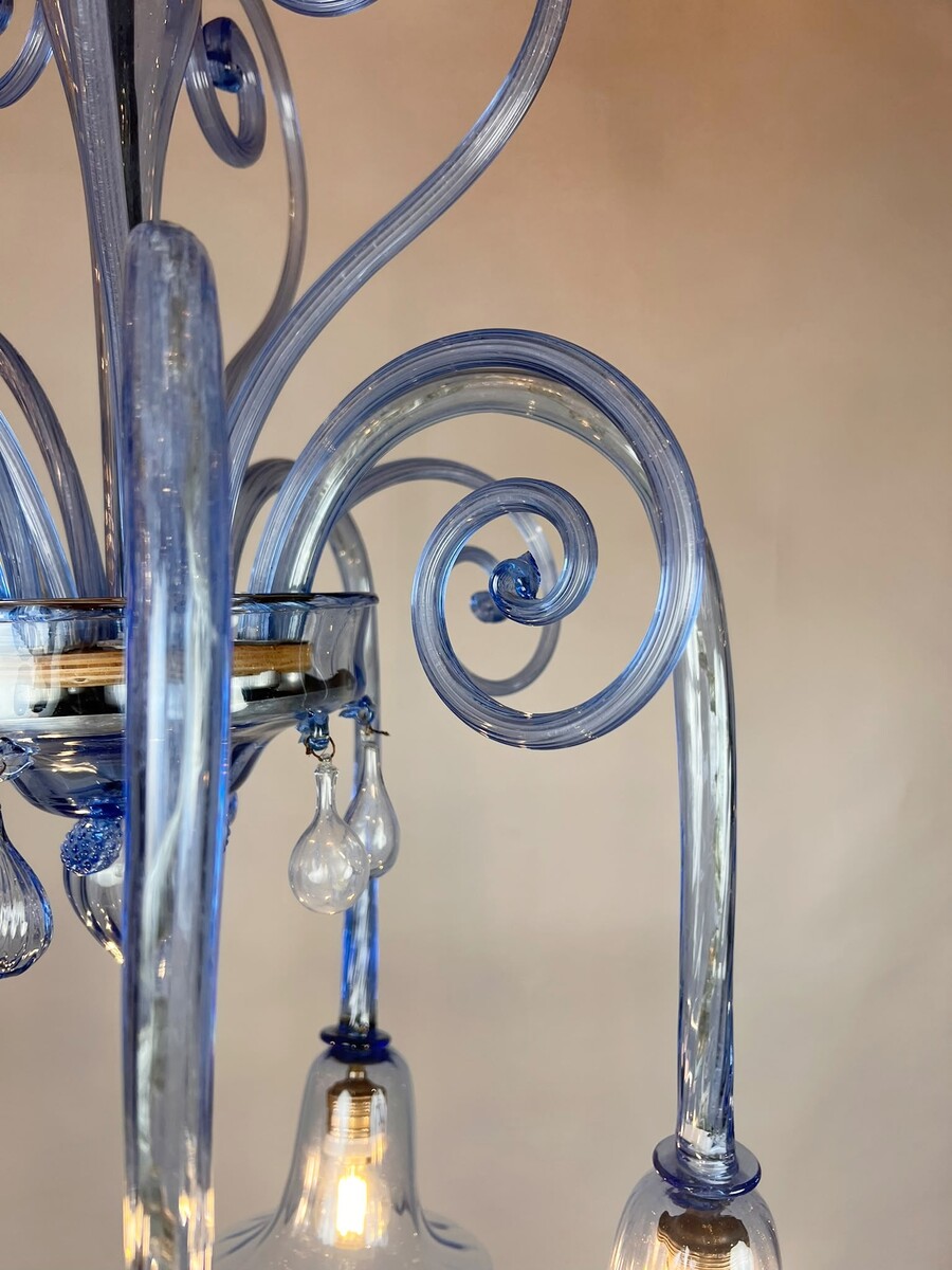 Five-arm Murano glass chandelier with scrollwork, 20th century.