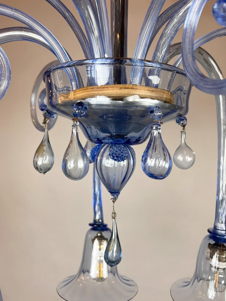 Five-arm Murano glass chandelier with scrollwork, 20th century.