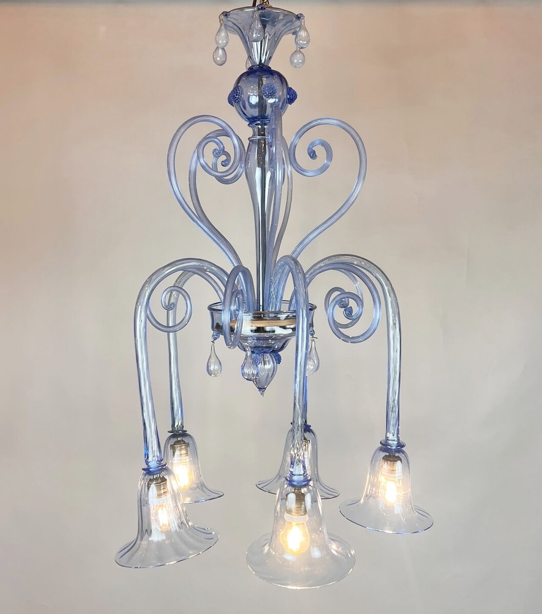 Five-arm Murano glass chandelier with scrollwork, 20th century.