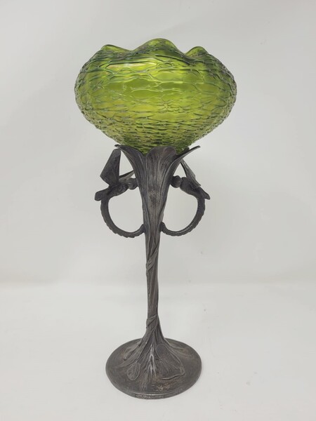 Iridescent glass bowl in green tones - pewter foot decorated with dragonflies and water lilies - in the style of Loetz - around 1900