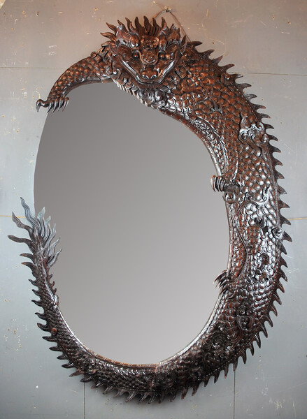 Large dragon mirror in finely carved iron wood, 19th