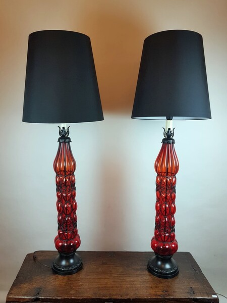 large pair of Murano glass and wrought iron lamps - Regency USA style circa 1950