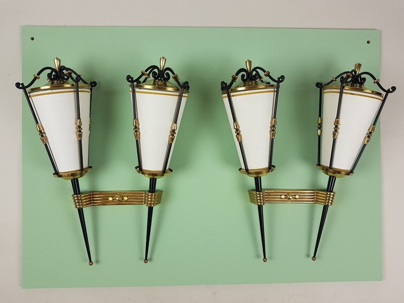 M. Kobis and R Lorence, pair of double sconces in sheet metal and wrought iron, circa 1950