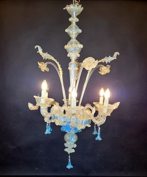 Murano glass chandelier - blue and gold powder - 6 arms of light