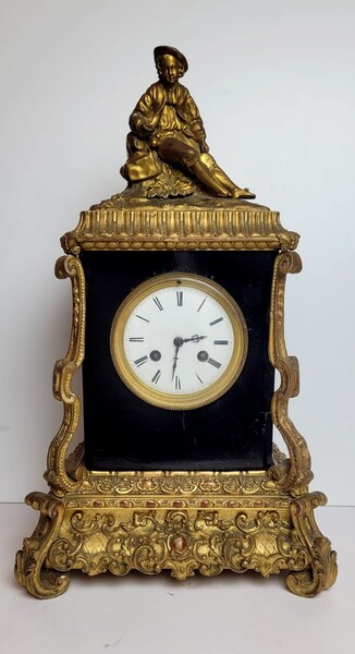 Napoleon III table clock - rare model in carved wood and gilded bronze