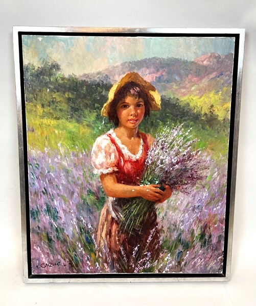 Oil on canvas signed A Galzenati for André Galzenati (1890-1970) Young girl in a field of flowers
