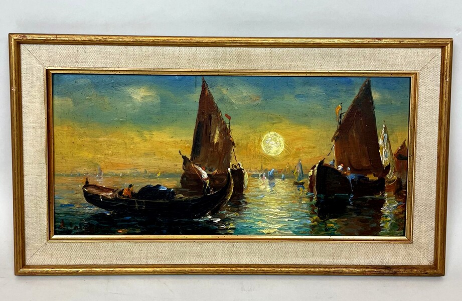 Oil on panel depicting fishing boats at sunset - circa 1950