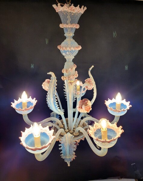 Opalescent blue Murano glass chandelier with 5 arms of light