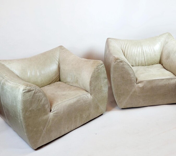 Pair Of Armchairs, Light Green Leather, 