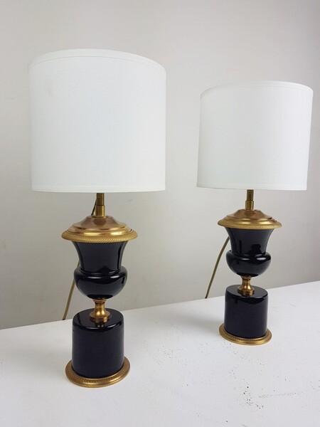 pair of bedside lamps in purple glass and fine bronze carving