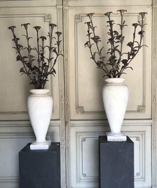 Pair of carrara marble vases with bronze flowers