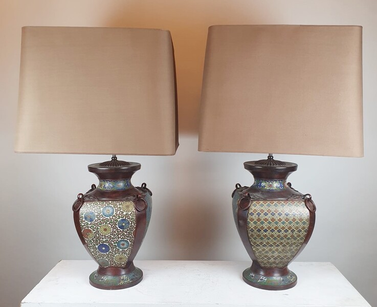 Pair of cloisonné bronze lamps, late 19th early 20th