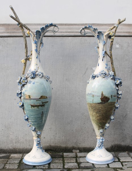 Pair of large painted porcelain vases