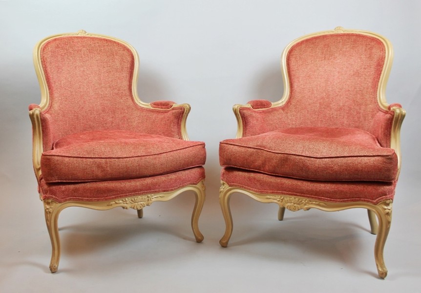 Pair of Louis XV style patinated armchairs