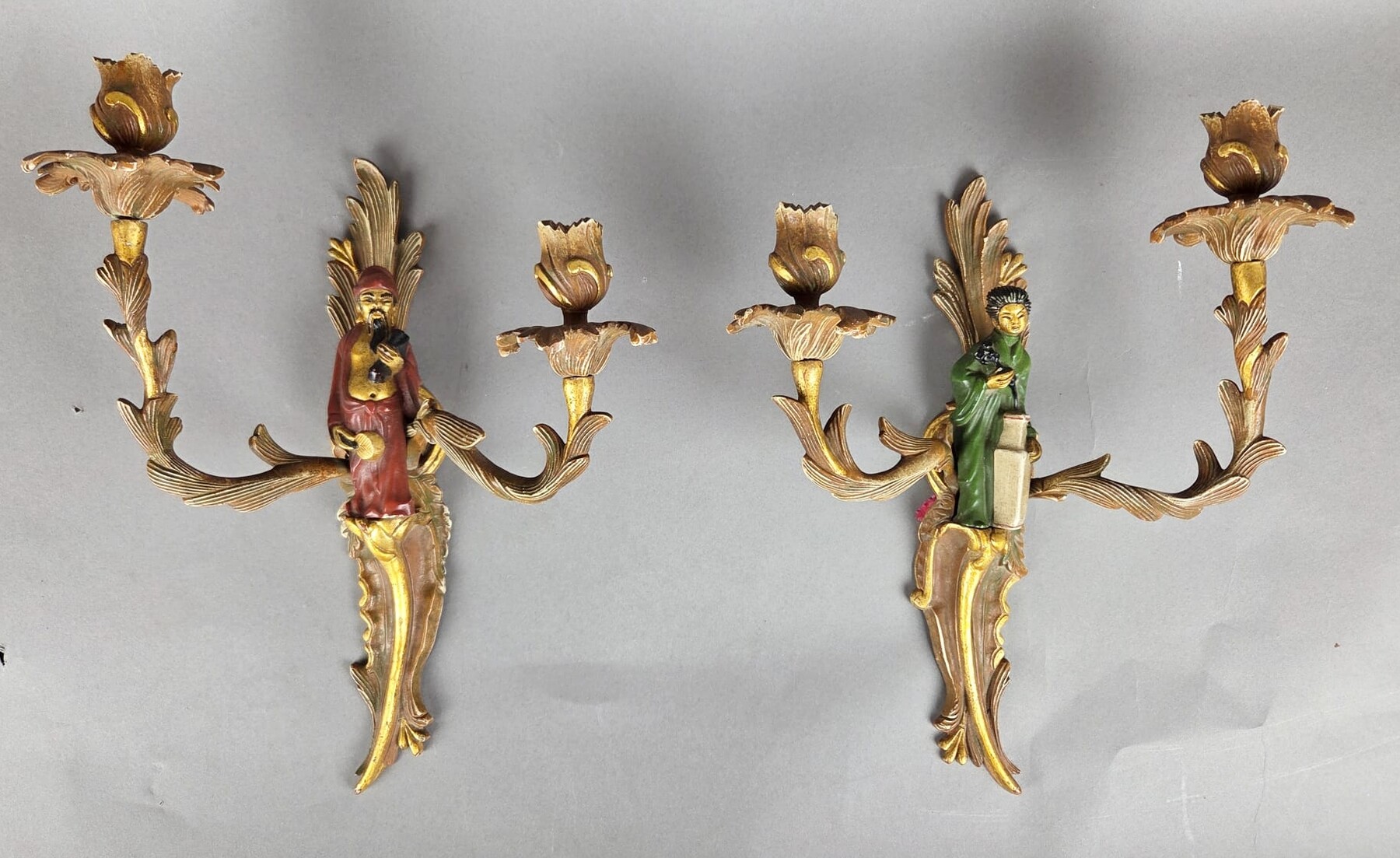 Pair of polychrome bronze sconces in the Maison Janssen style