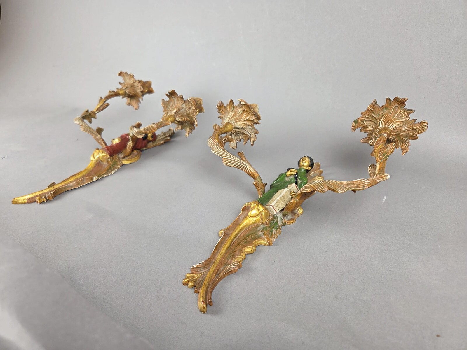 Pair of polychrome bronze sconces in the Maison Janssen style