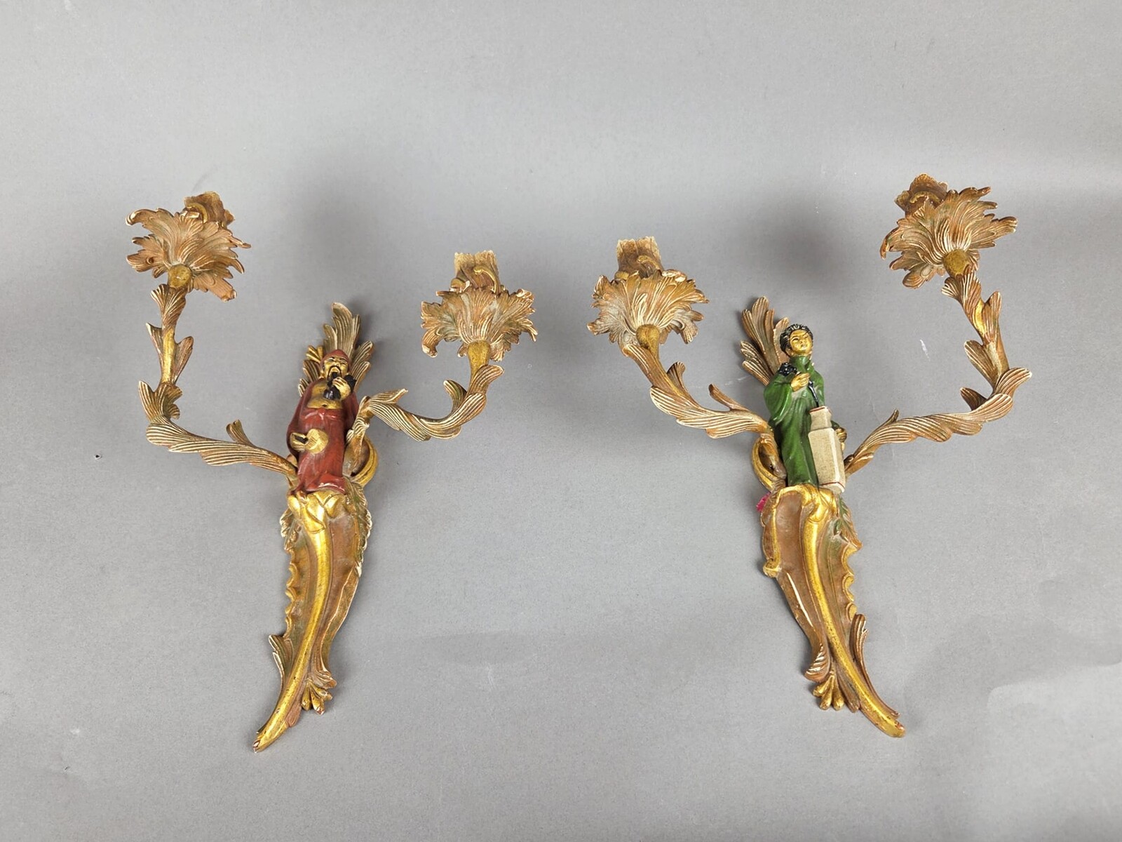 Pair of polychrome bronze sconces in the Maison Janssen style