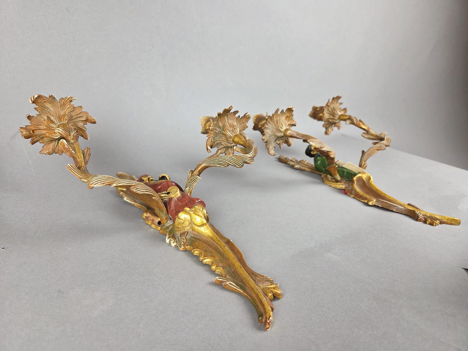 Pair of polychrome bronze sconces in the Maison Janssen style