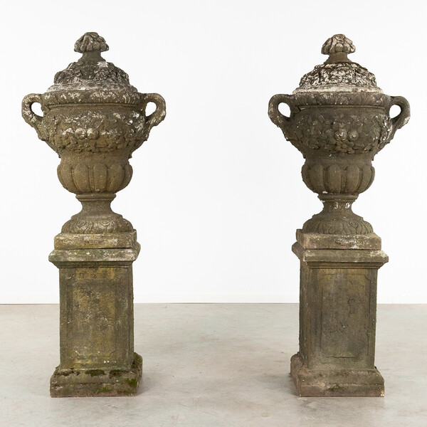 Pair of urns on their bases, removable lids, 20th cement
