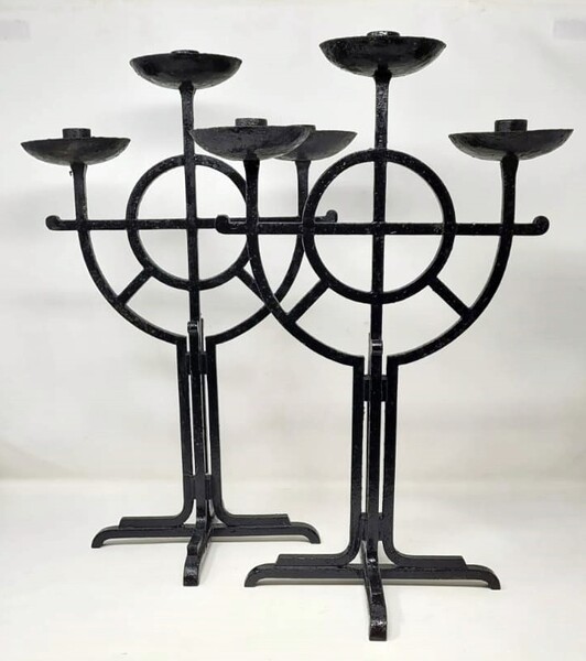Pair of wrought iron candlesticks - brutalist art deco