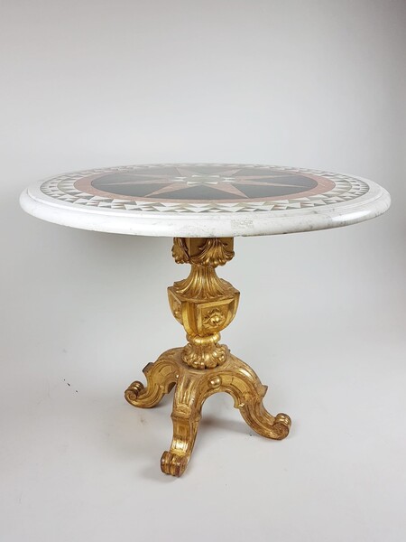 Pedestal table with inlaid marble tablet and gilt wood base - Italy 19th century