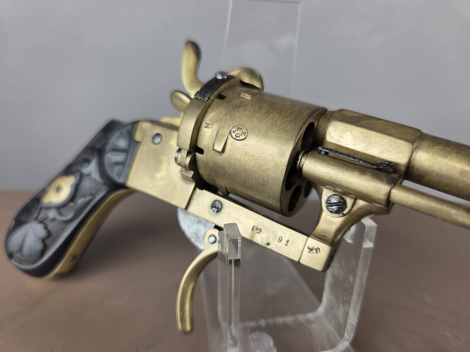 Rare 7mm pin-fire revolver, made entirely of bronze