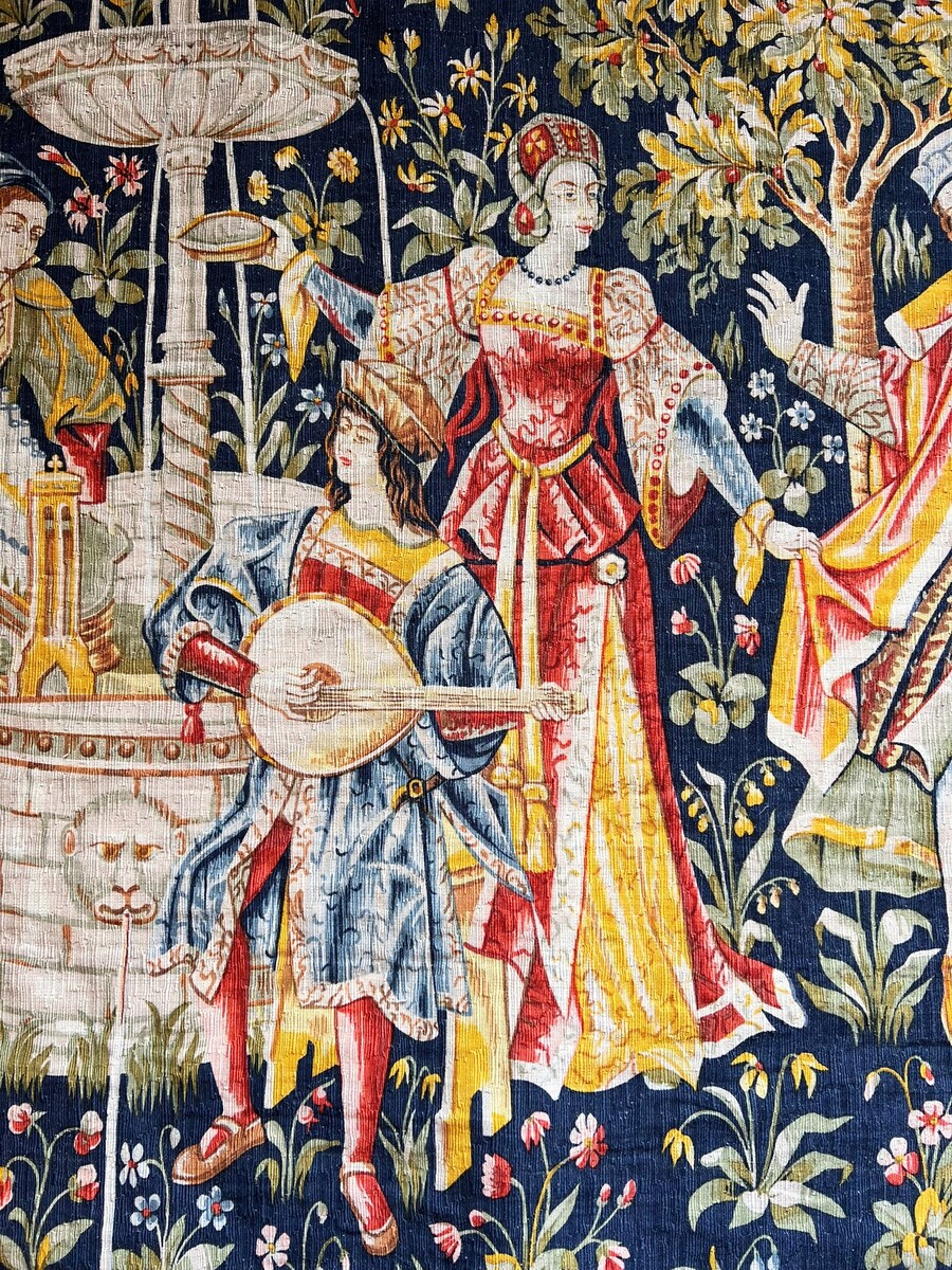 Tapestry “Concert at the Fountain,” hand-printed wool and linen, Robert Four, No. 26