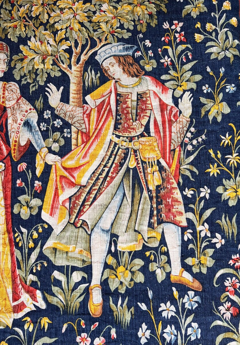 Tapestry “Concert at the Fountain,” hand-printed wool and linen, Robert Four, No. 26