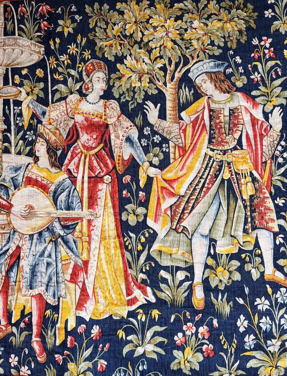 Tapestry “Concert at the Fountain,” hand-printed wool and linen, Robert Four, No. 26