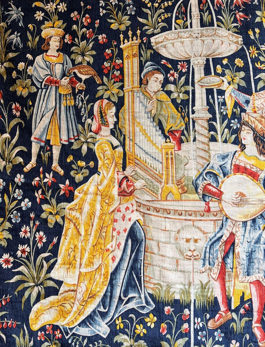 Tapestry “Concert at the Fountain,” hand-printed wool and linen, Robert Four, No. 26