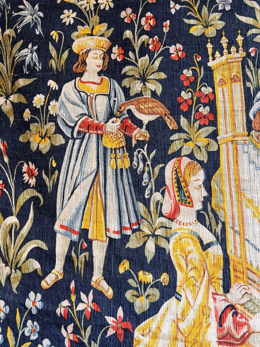 Tapestry “Concert at the Fountain,” hand-printed wool and linen, Robert Four, No. 26