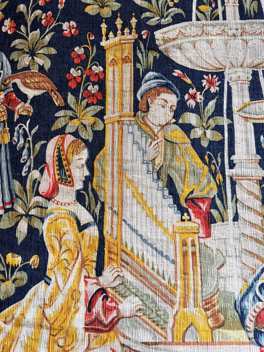 Tapestry “Concert at the Fountain,” hand-printed wool and linen, Robert Four, No. 26