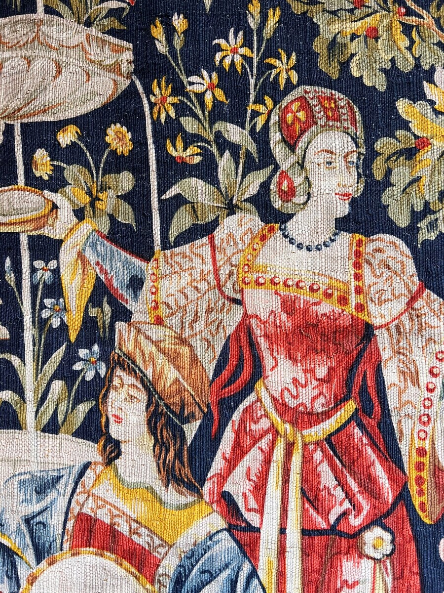 Tapestry “Concert at the Fountain,” hand-printed wool and linen, Robert Four, No. 26