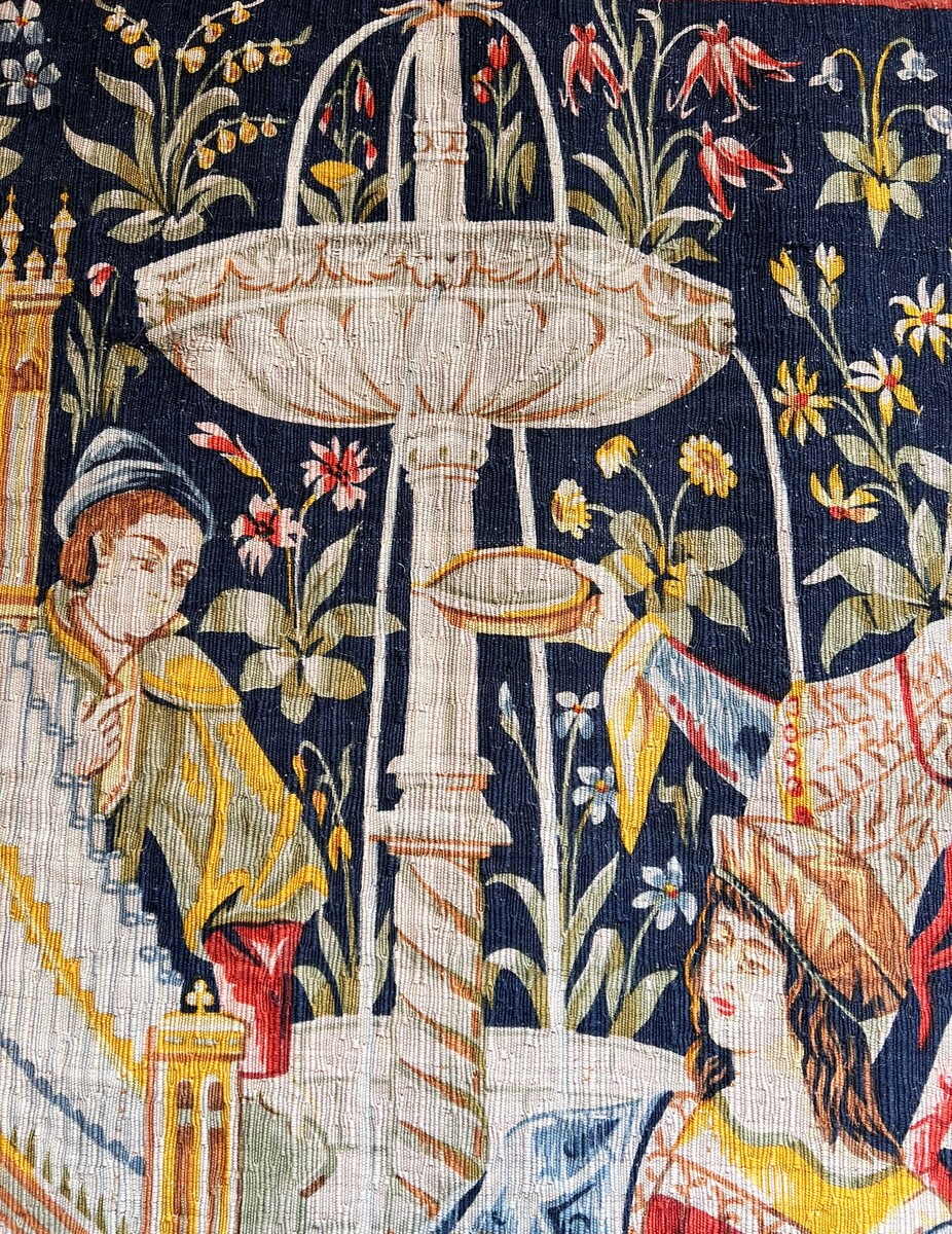 Tapestry “Concert at the Fountain,” hand-printed wool and linen, Robert Four, No. 26