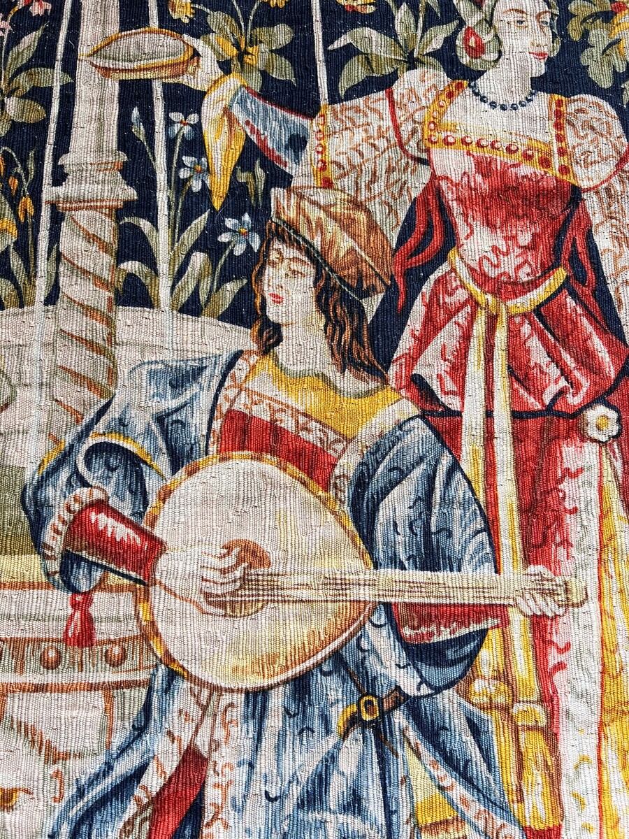 Tapestry “Concert at the Fountain,” hand-printed wool and linen, Robert Four, No. 26