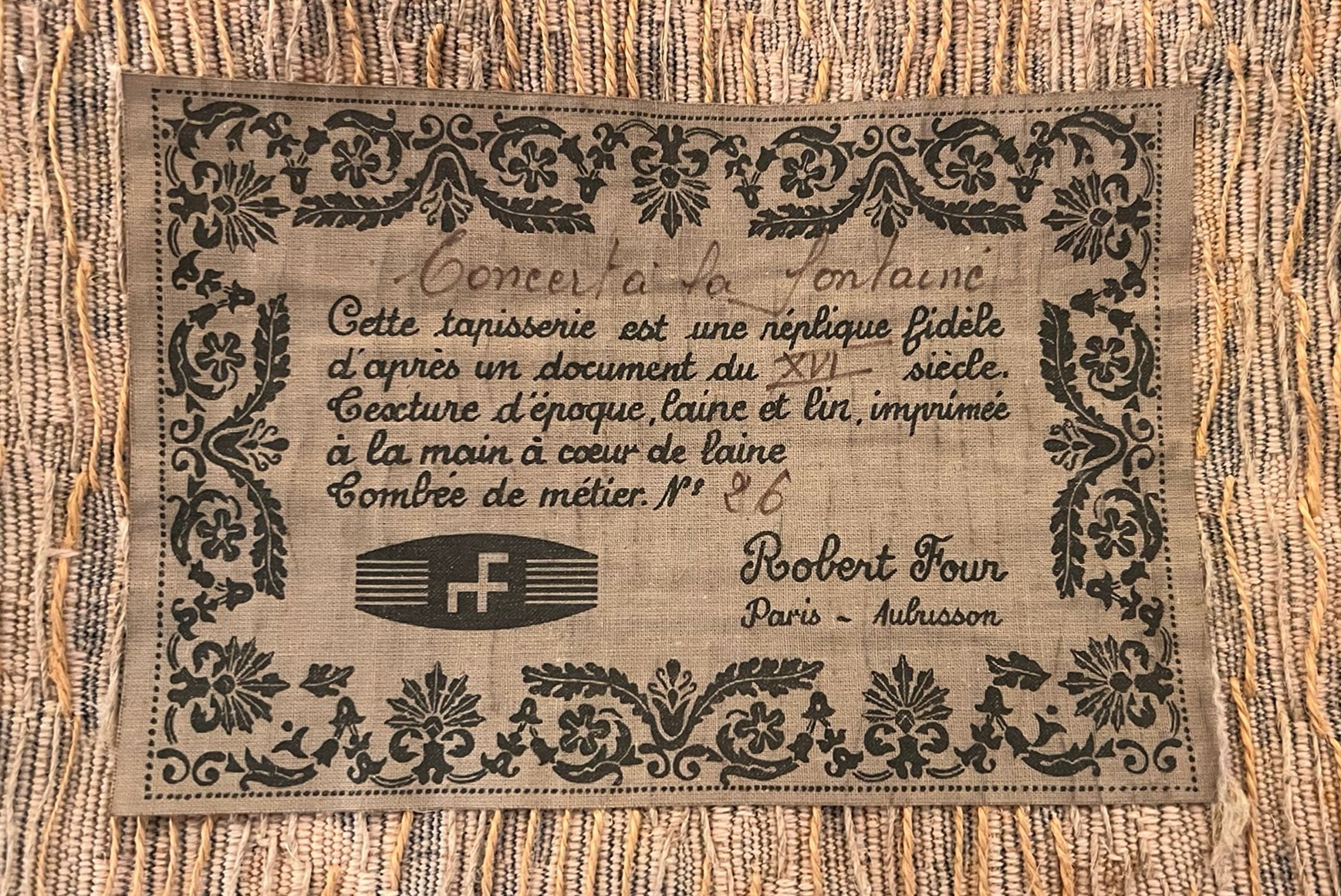 Tapestry “Concert at the Fountain,” hand-printed wool and linen, Robert Four, No. 26