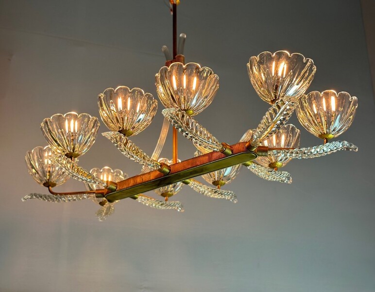 Venetian Chandelier In Colorless Murano Glass And Brass, 10 Arms Of Light, Circa 1940