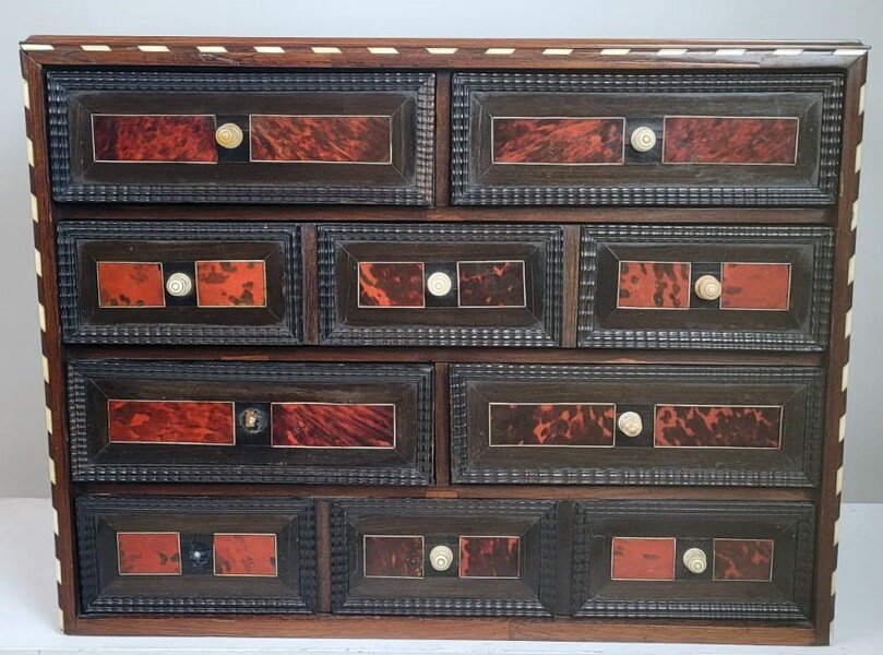 17th century cabinet in rosewood and tortoiseshell (2 drawer knobs to be reattached and missing the 4 ball feet)