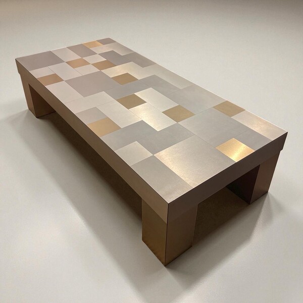 1970s low coffee table in brass and brushed aluminum mosaic (design Willy Rizzo)
