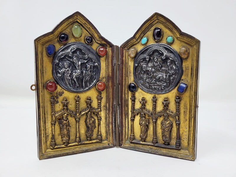 19th century religious travel diptych - Bronze, silver, semi-precious stones