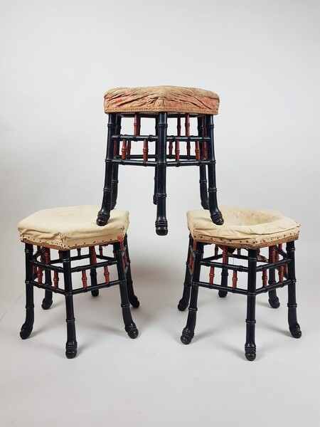 3 bamboo-style black poly wooden stools, Napoleon III period